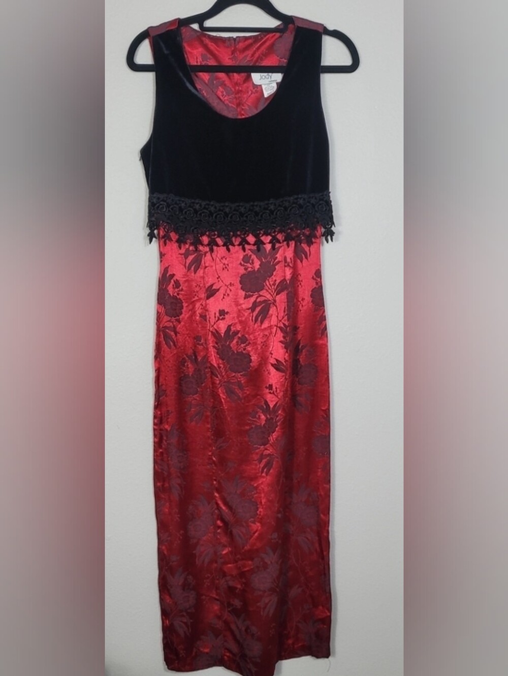 Vintage Black Velvet Red Satin Floral Maxi Dress XS